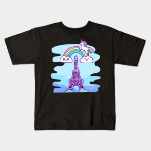 Magical Monochrome: Kawaii Unicorn and Rainbow Eiffel Tower Kids T-Shirt